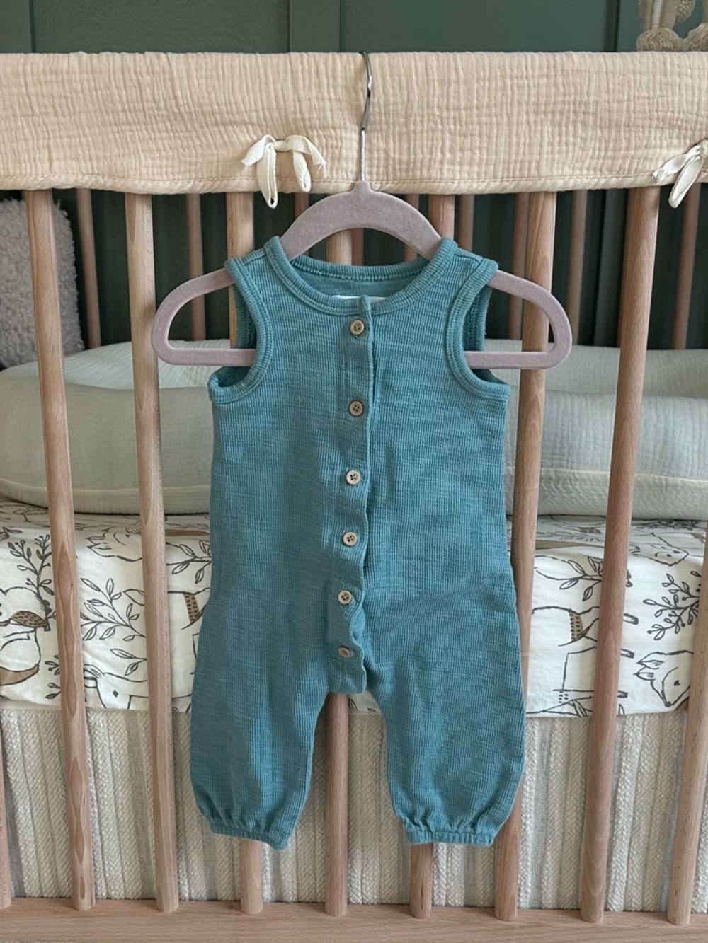 Grayson Mini Sleevless Teal Baby One-Piece Romper with Buttons Waffle Knit